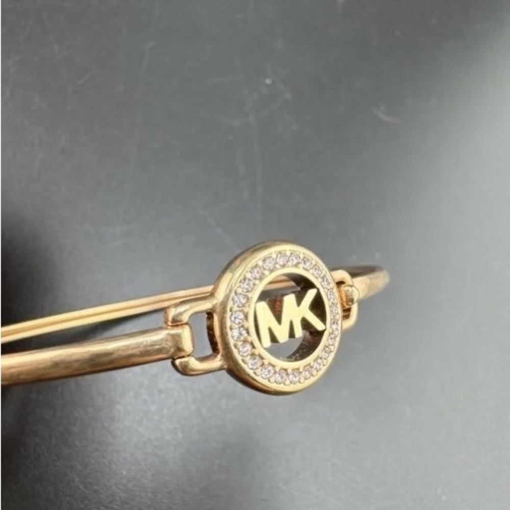 Michael Kors Gold-Tone MK Logo Pavé Crystal Bangle Bracelet w/ Hinge